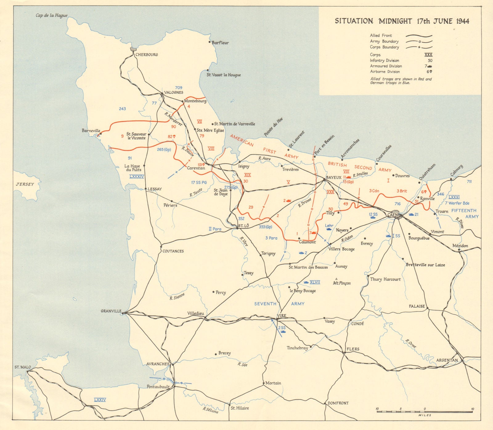 Operation Overlord. Normandy landings. Situation midnight 17 June 1944 1962 map